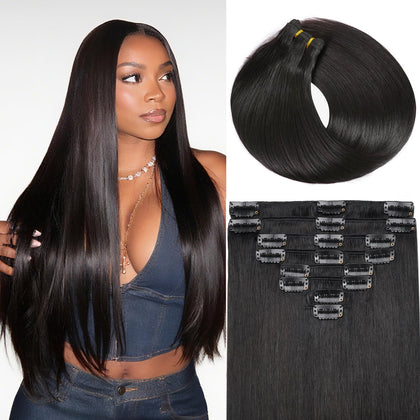 Clip in Hair Extensions Real Human Hair, 18 Inch 100g/3.6oz, 1B Natural Black, Invisible Seamless Straight Remy Human