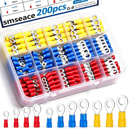 200pcs 12-Sizes(M3/M4/M5/M6) Insulated Ring Terminals 22-16/16-14/12-10AWG Electrical Crimp Terminal Connector