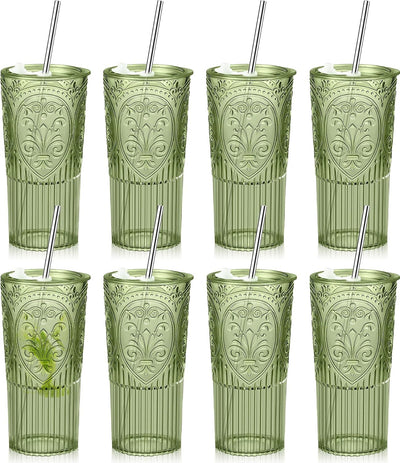 8 Set 20oz Vintage Plastic Tumbler with Lids and Straws Ribbed Floral Drinking Glasses Reusable Iced Coffee Cups for