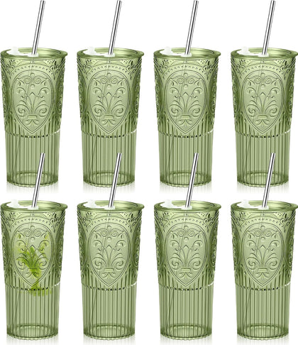 8 Set 20oz Vintage Plastic Tumbler with Lids and Straws Ribbed Floral Drinking Glasses Reusable Iced Coffee Cups for