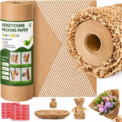 18" x 200ft Large Honeycomb Packing Paper Roll, Eco Friendly Bubble Cushioning Wrap Paper with 30 Fragile Stickers