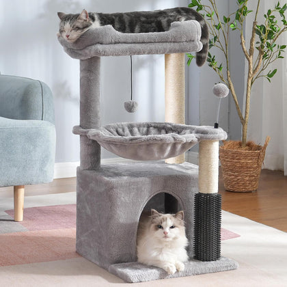 Cat Tree 32 Inches Small Cat Tower with Large Hammock Dia 15.7”,Self Groomer, Fully Scratching Post, Removable Top