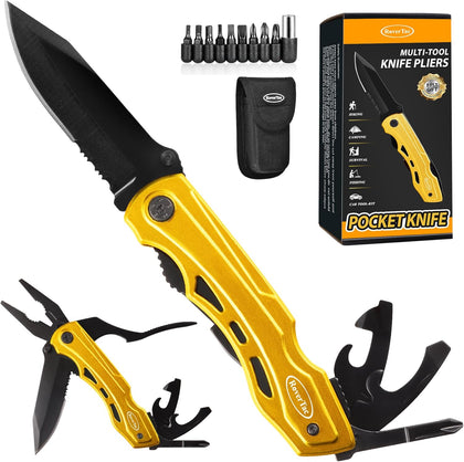 15-in-1 Pocket Multitool Knife - Folding Knife with Pliers, Bottle & Can Opener, Phillips Screwdriver + 9 Bits, Nylon