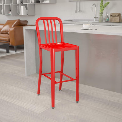 Commercial Grade 30" H Red Metal Indoor-Outdoor Barstool with Slat Back