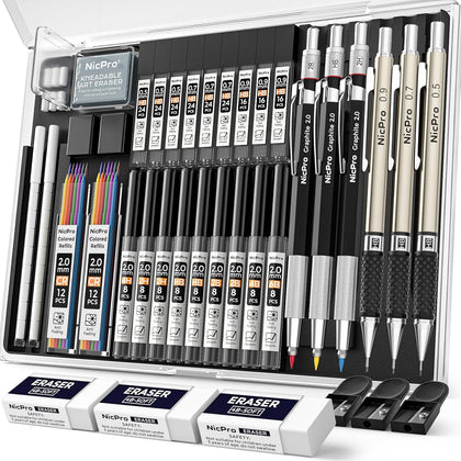 35PCS Art Mechanical Pencil Set, 3 PCS Metal Drafting Pencil 0.5 mm & 0.7 mm & 0.9 mm & 3 PCS 2mm Lead Holder (6B 4B