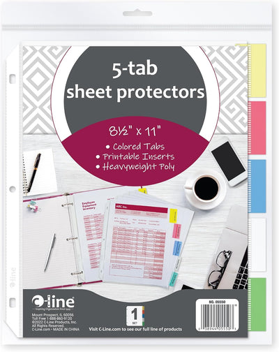 Polypropylene Sheet Protector with Index Tabs, Assorted Color Tabs, 11 x 8.5 Inches, One 5-Tab Set (05550)