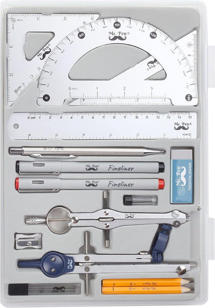 Professional Geometry Set, 15 pcs, Drafting Tools with Protractor | Compass, Metal Ruler, Triangles, Pens & Pencils
