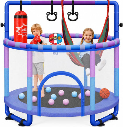 55" Trampoline for Kids with Enclosure, 6-in-1 Toddler Trampoline Indoor Outdoor, Upgrade Full Anti-Rust Tube with