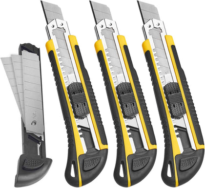 Utility Knife, Box Cutter Retractable,3 Pcs Blades Inside, 3-Pack | 3-pack retractable utility knife, 18mm SK5