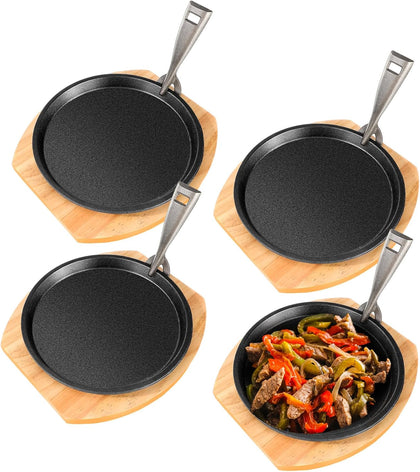 4 Set 8.7 Inch Cast Iron Fajita Plate Set with Wooden Base Anti Scald Protection Removable Handle Fajita Plate