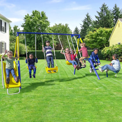 Royal Fun Metal Swing Set for Kids Ages 3-8 with 2 Swings, Standing Swing, Glider, Teeter-Totter & 5FT Slide, Anchor