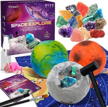 Gemstone Dig Kit, Dig up 15 Rocks & Minerals from Earth Moon Mars, Solar System Planets Geology Science Set, Space