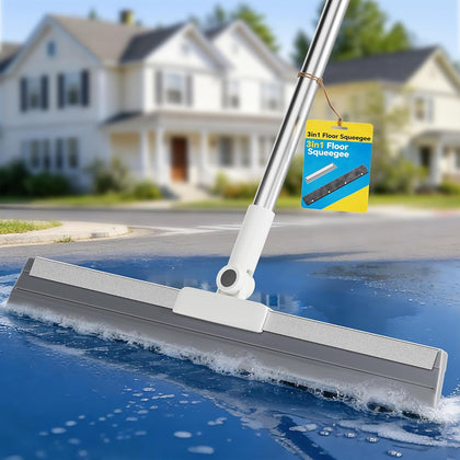 Floor Squeegee Broom with Long Handle, Heavy Duty Rubber Squeegee Kit, Scrubber for Tile Floor, Garage, Concrete with