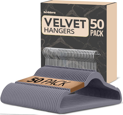 Beddora Velvet Hangers 50-Pack,Grey Non-Slip Slim Space-Saving Closet Organizer, Suit & Coat Hangers, Heavy-Duty