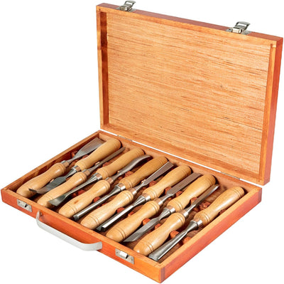 Wood Chisel Sets 12pcs,Carving Hand Chisel 3-3/4Inch Blade Length with Red Eucalyptus Handle,Wood Tool Box