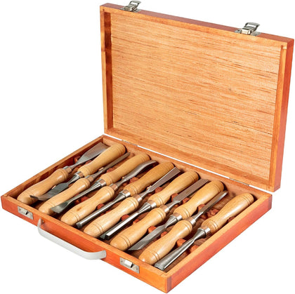 Wood Chisel Sets 12pcs,Carving Hand Chisel 3-3/4Inch Blade Length with Red Eucalyptus Handle,Wood Tool Box