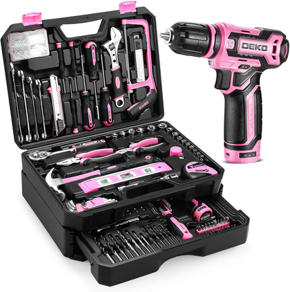Pink Tool Kit Box Drill Set:DEKOPRO Home Mechanic Toolbox with 12V Power Cordless Drill Hand Repair Tools Sets Combo