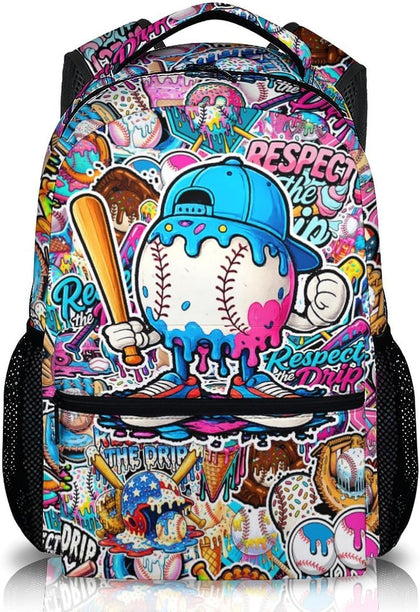Kids Backpack for Boys Baseball Drip Backpacks for Kids Teens Team, Lightweight Large Capacity Cool Back to School