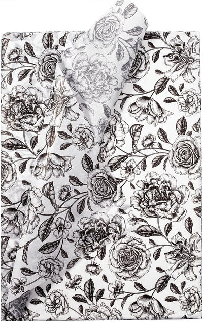 Floral Wrapping Tissue Paper - 30 Sheets 14 x 20 Inch Vintage Black and White Flower Tissue Paper Bulk for Birthday