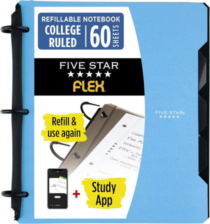 Flex Refillable Notebook + Study App, College Ruled Paper and 1 Inch TechLock Ring Binder with Pockets, Tabs and