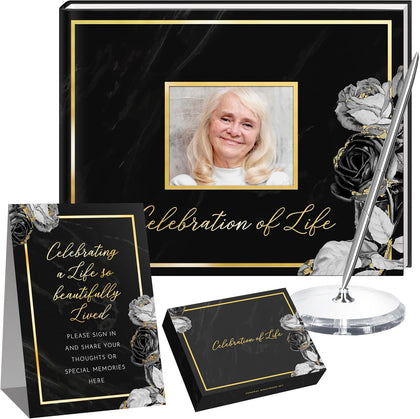 Elegant Black Floral Funeral Guest Book,"Celebration of Life" Gold Stamped Cover with Photo Slot,Includes Silver Pen