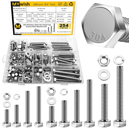 254Pcs Nuts and Bolts, 1/4 20 5/16 18 3/8 16 Bolt, Heavy Duty 304 Stainless Steel Bolts and Nuts Kit with Flat Spring