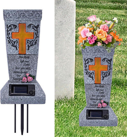 Solar Cemetery Vase with LED for Fresh/Artificial Flowers, Cemetery Flowers Vase with Spikes, Headstone Decorations