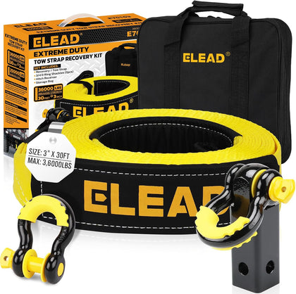 3" x 30Ft Recovery Tow Strap Heavy Duty with Hooks - 36000 LBS Break Strength, 2" Shackle Hitch Receiver + 3/4 D Ring