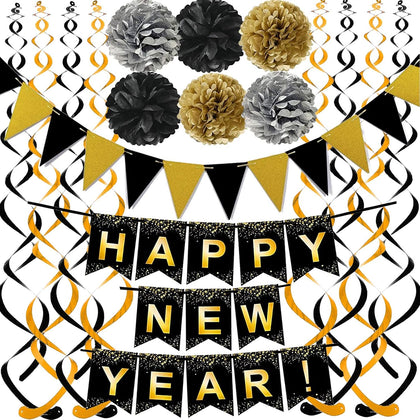 Happy New Year Set Black Banner with Gold Black Paper Flag Bunting Swirl Streamers & Pom Poms for Happy New Year
