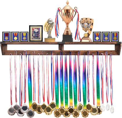 Gymnastic Medal Hanger with Storage Shelf, Wooden Wall-Mounted Trophy Shelf, Race Medal Display Rack Holder with 23