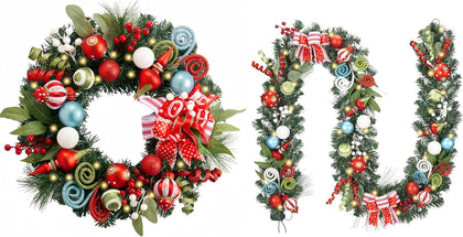 18'' Christmas Wreath & Ft Garland Matching Bundle with Lights - 2pc Vintage Christmas Decor Indoor Outdoor for Home