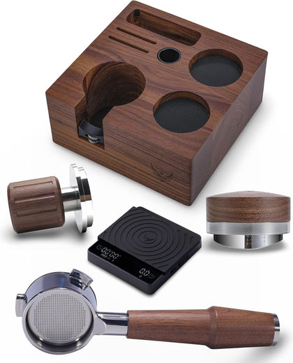 54mm Complete Espresso Kit for Breville – Walnut Click Tamper, Distributor, Bottomless Portafilter, Digital Scale &