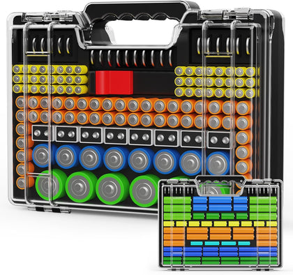 Battery Organizer Storage Holder Box Case with Tester, Stores & Protects Up to 260 Batteries, Double-Sided, Clear