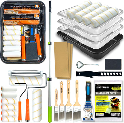 King Origin 31 PCS Paint Roller Kit, Extension Pole (4.75 ft), 4"&9" Paint Roller, Paint Tray & Liners, Brushes |
