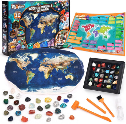 World Map Gemstone Dig Kit for Kids 8-12, 30 Rocks & Minerals
