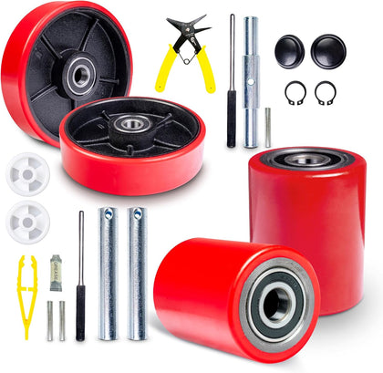 Pallet Jack/Truck FULL SET RED with Axles, Steering Wheels 7"x 2" Pair, Front Load Roller 3" x 3.75" Pair with