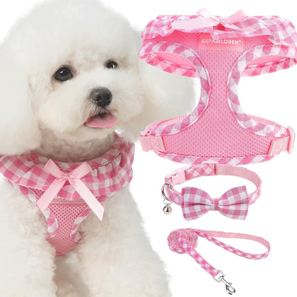 Cute Dog Harness Collar Leash Set - Pink Girl Dog Harness Checkered Step-in Design, Detachable Bow Pet Collar