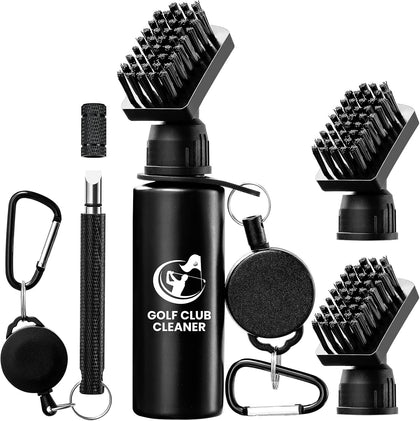 Golf Club Brush Cleaner with Golf Groove Sharpener Tool, 3 Replacement Brush Heads, 2 Retractable Clip,Golf Bag Golf