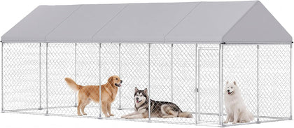 Extra Large Dog Kennel with Roof and Safety Latch, Heavy Duty Galvanized Steel Chain Links with UV Resistant