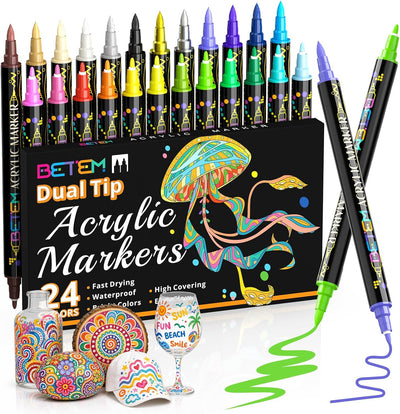 Dual Tip Acrylic Paint Pens, 24 Colors Paint Markers for Glass, Window, Fabric, Wood, Rock, Canvas, Acrylic Markers