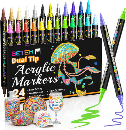 Dual Tip Acrylic Paint Pens, 24 Colors Paint Markers for Glass, Window, Fabric, Wood, Rock, Canvas, Acrylic Markers