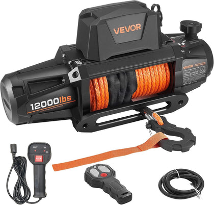 Electric Winch, 12000 lbs Load Capacity, 12V DC Truck Winch with Φ3/8 in x 92 ft Synthetic Rope, Wireless & Wired