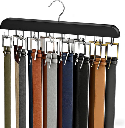 Belt Hanger for Closet Max 42 Belts, Sturdy Wood Belt Rack Closet Accessories with 14 Hooks Belt Organizer for Closet