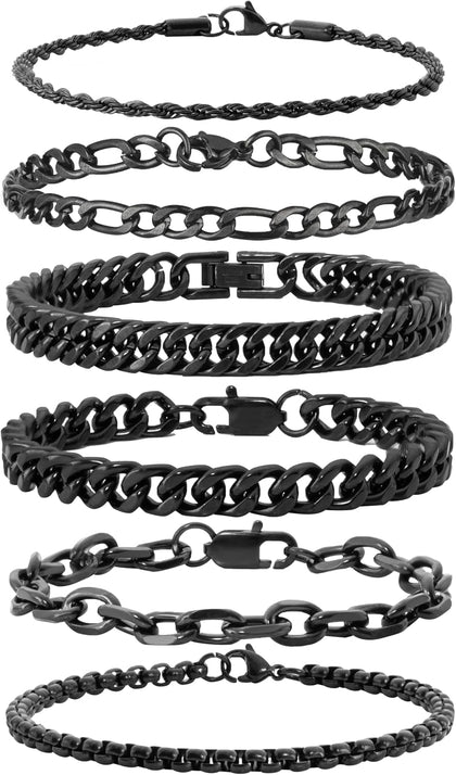 6pc Silver/Gold/Black Stainless Steel Bracelets for Men Gifts | 6.5/7/7.5/8.3/9 Inches Cuban Link Chain Bracelets Set