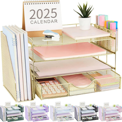 Desk Organizers and Accessories with File Holder, 4-Tier Desk Accessories & Workspace Organizers with Drawer and 2