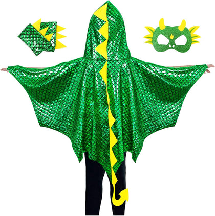 Dragon Wings Costume for Kids, Hooded Dragon Cape Mask Gloves | Toddler Boys Dress-Up Dinosaur Toys for Pretend Play