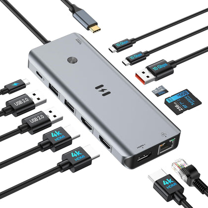Selore USB C Docking Station 3 Monitors 3 HDMI 13-in-1 Laptop Hub | Triple HDMI, 10Gbps USB A/C 3.1, 100W PD