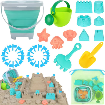 Beach Toys with Collapsible Bucket,Mesh Bag for Kids Ages 3-12 | Sand Castle Building Kit, Decor Flags for Sandbox