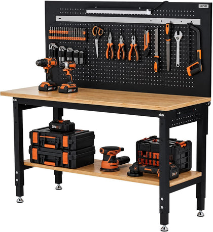 Adjustable Height Heavy-Duty Workbench with Pegboard, 60 x 22 in Work Table for Garage & Workshop - Storage Shelf