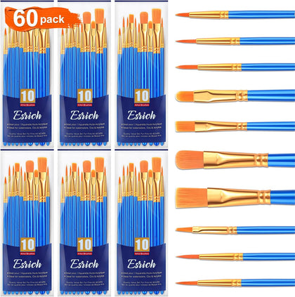 Paint Brush Set,6 Packs 60 Pcs Nylon Hair Paint Brushes for Acrylic Painting,Artist Paintbrushes for